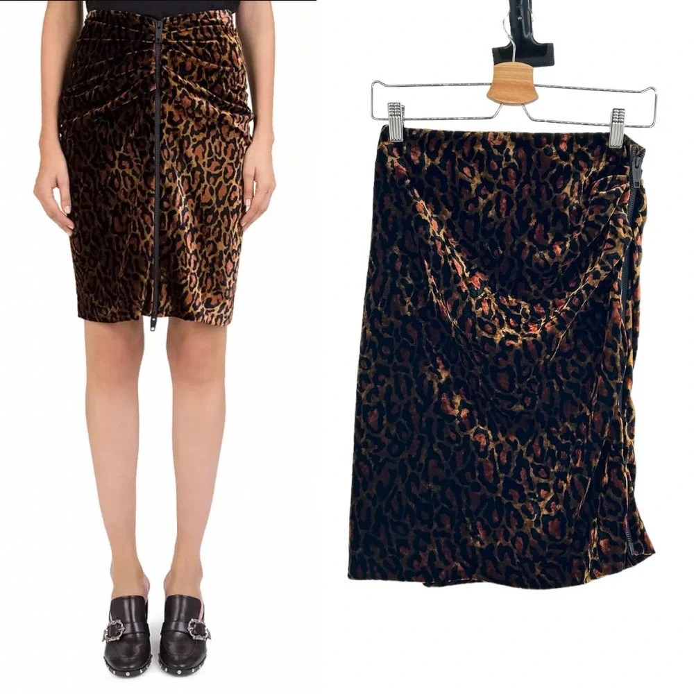 The Kooples Fire Brown‎ Velvet Skirt Leopard Print Front Zipper Size 2 Medium